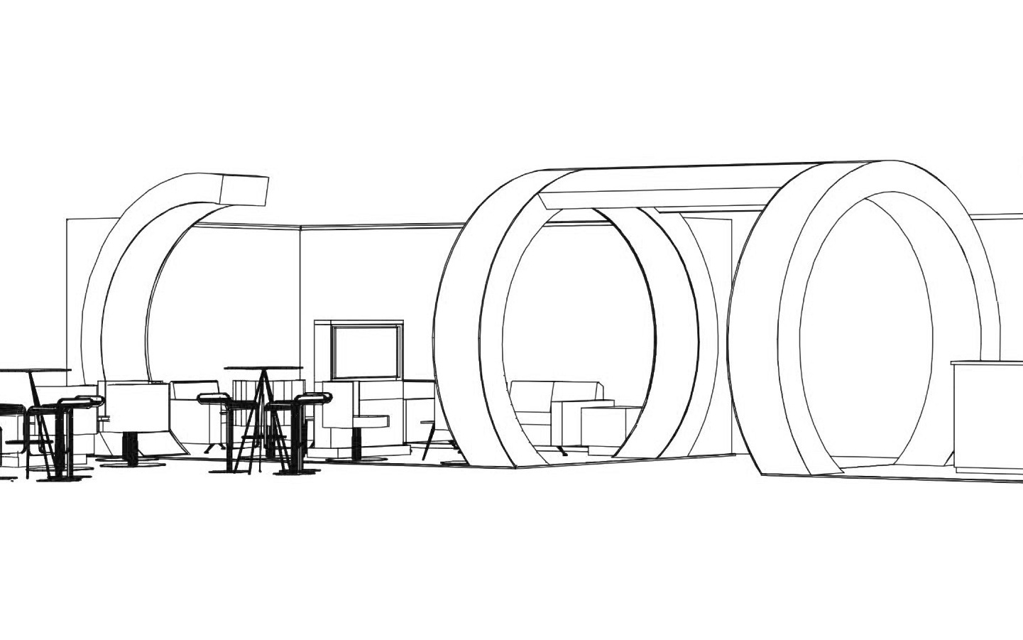 Trade show booth design development with technical drawings and renderings